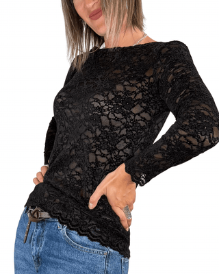 Habiti - T-shirt in pizzo floccato - NERO - T-SHIRT E TOP - Habiti