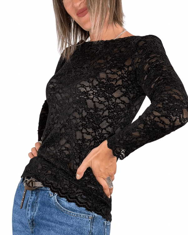 Habiti - T-shirt in pizzo floccato - NERO