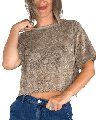 Habiti - T-shirt pizzo floccato - FANGO - T-SHIRT E TOP - Habiti
