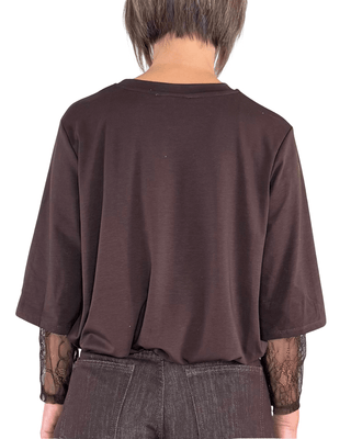 Habiti - T-shirt rimborsata con maniche in pizzo - MORO - T-SHIRT E TOP - Habiti