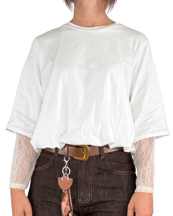 Habiti - T-shirt rimborsata con maniche in pizzo - PANNA