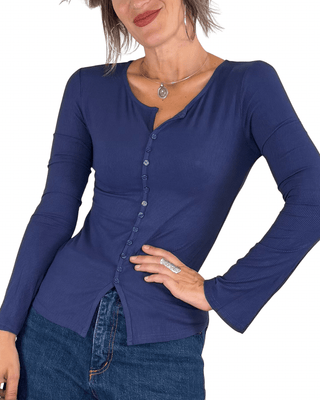 Habiti - T-shirt serafino a costine - BLU - T-SHIRT E TOP - Habiti