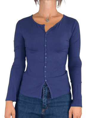 Habiti - T-shirt serafino a costine - BLU - T-SHIRT E TOP - Habiti
