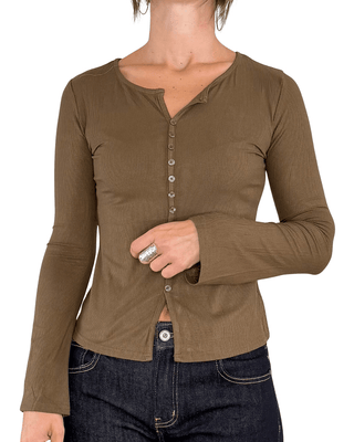 Habiti - T-shirt serafino a costine - CASTAGNA - T-SHIRT E TOP - Habiti
