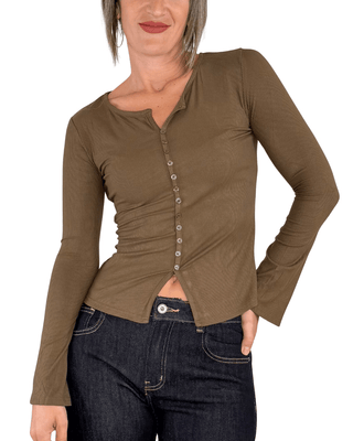 Habiti - T-shirt serafino a costine - CASTAGNA - T-SHIRT E TOP - Habiti