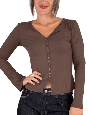 Habiti - T-shirt serafino a costine - MORO - T-SHIRT E TOP - Habiti