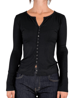 Habiti - T-shirt serafino a costine - NERO - T-SHIRT E TOP - Habiti