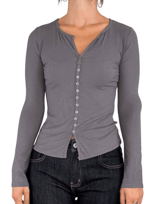 Habiti - T-shirt serafino a costine - PIOMBO - T-SHIRT E TOP - Habiti