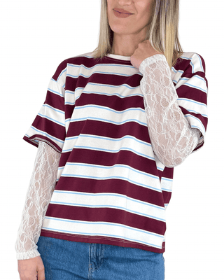 Haveone - T-shirt righe con manica in pizzo - BORDEAUX - T-SHIRT E TOP - Habiti